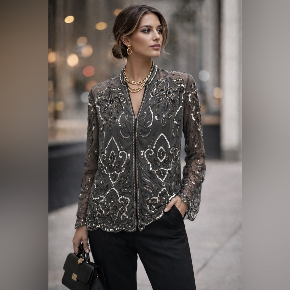 Vintage Together Beaded Sheer Blouse | Ornate Sequin Embellished Jacket Top | OS - Picture 3 of 10